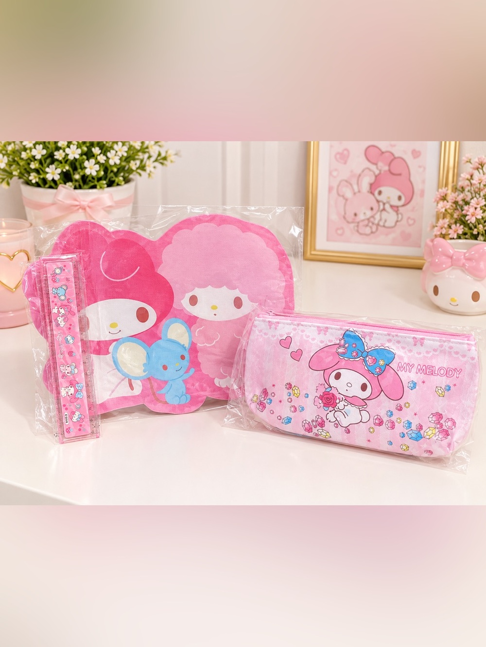 New Pink My Melody Character Mouse Pad, Pencil Case & Ruler Stationery Bundle
